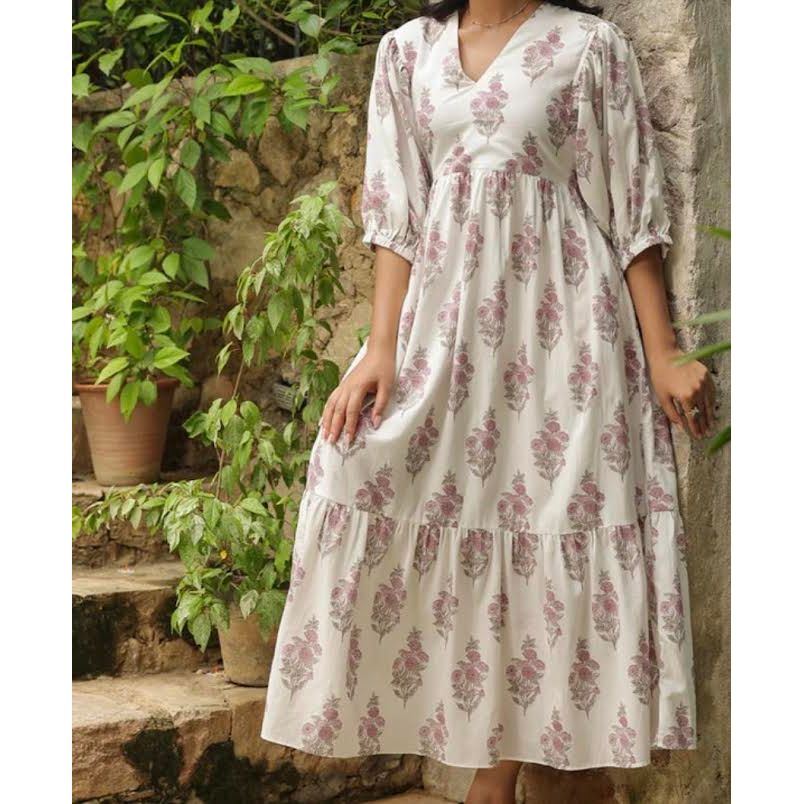 Hand blocked Indian Cotton Midi - white floral