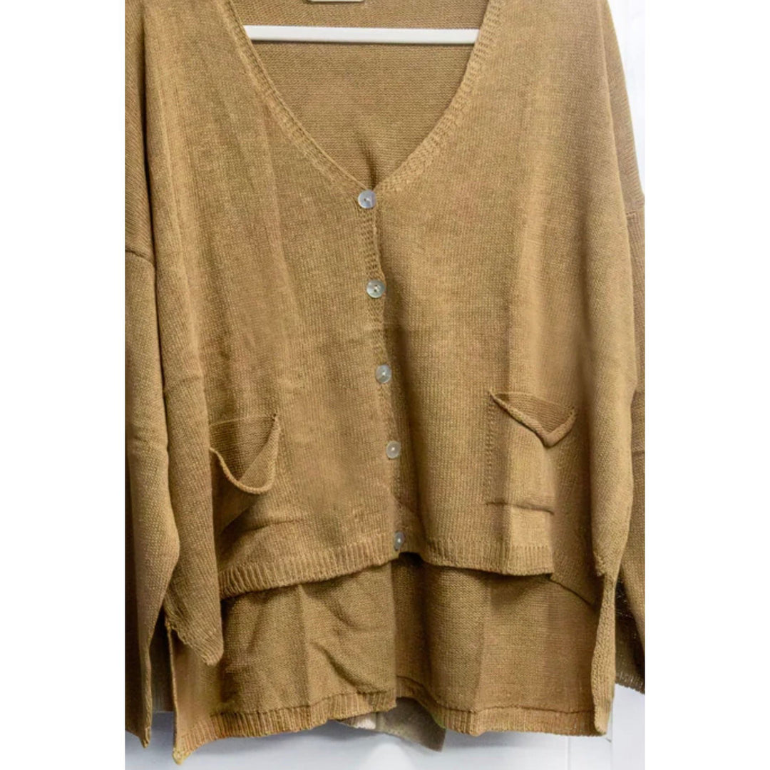 Tobacco Cotton Knit Cardigan - one size

Lightweight cotton knit cardigan - perfect for layering over a shirt &amp; for cooler days add a heavier jacket over the top.

One size ; fitting 8-16