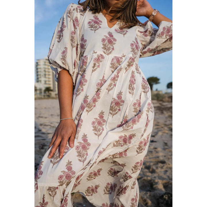 Hand blocked Indian Cotton Midi - white floral