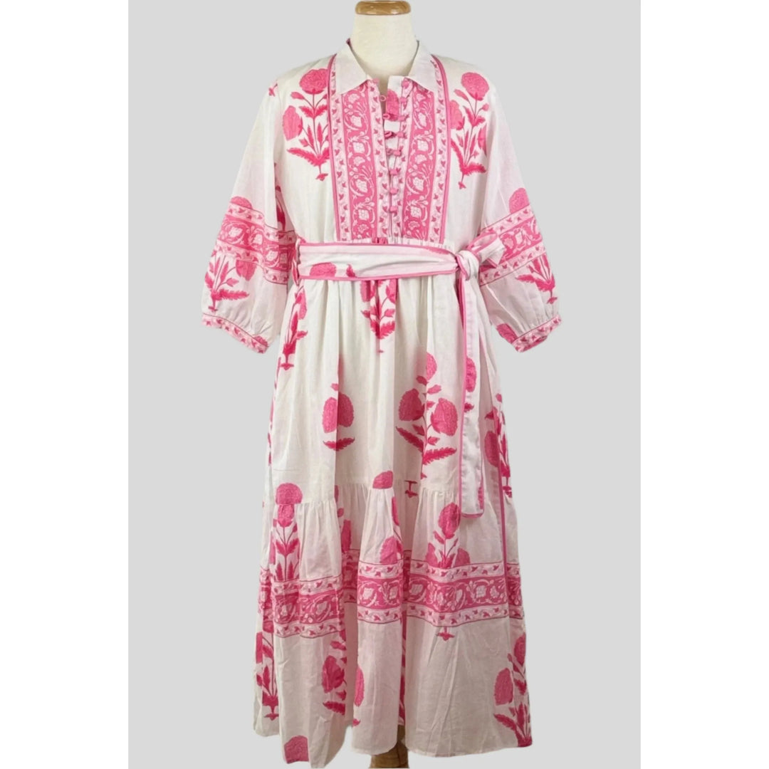 Handblocked Indian Cotton Midi - Fuschia Pink