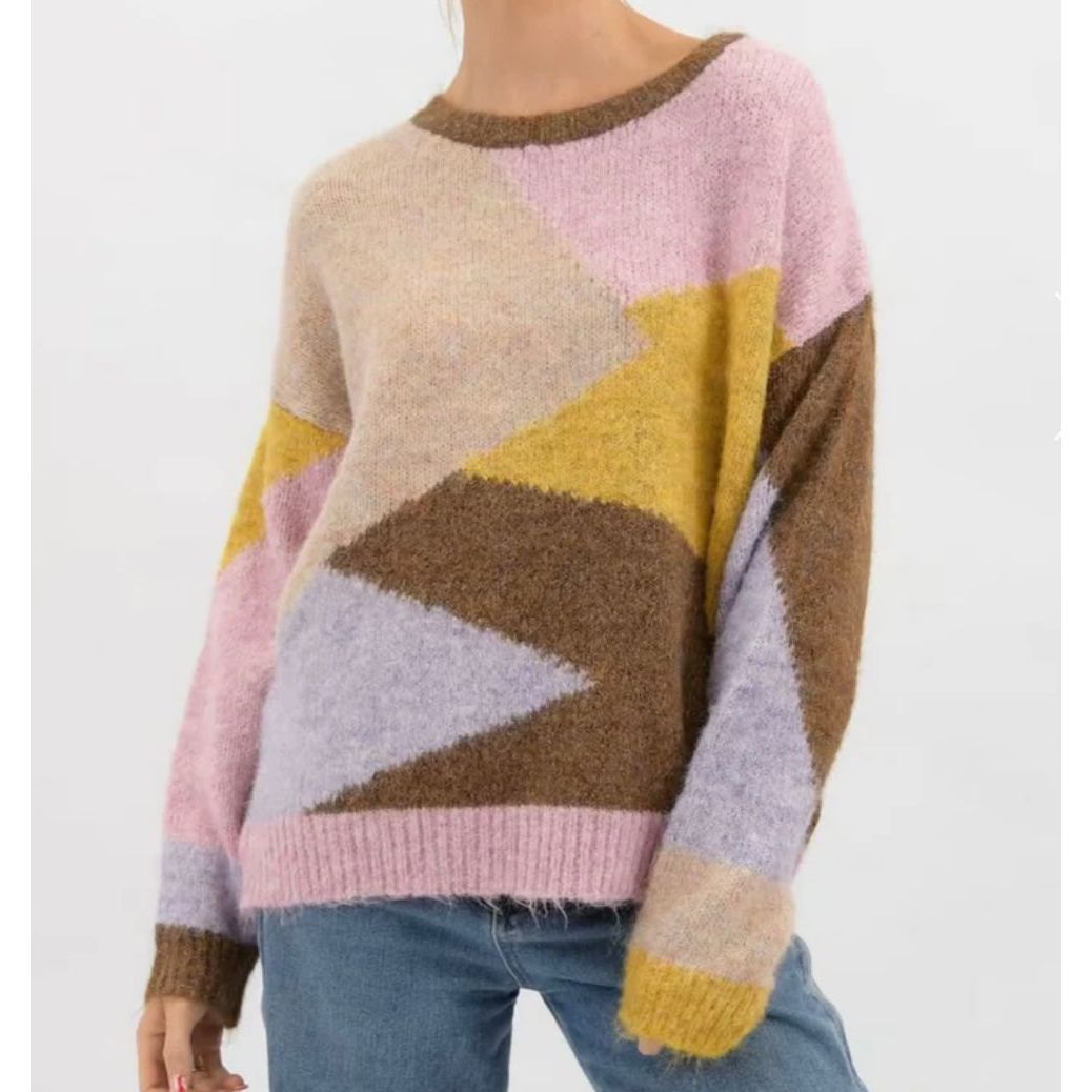 Spliced Colour Block Jumper

Multi colour block design in pink lilac mustard tan &amp; beige, slight lurex thread throughout

wool acrylic mix