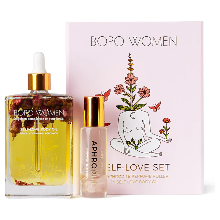 Self Love Gift Set

This gift set arrives in a beautiful gift box and features our Self-Love Body Oil and our Aphrodite Crystal Infused Essential Oil Roller.& Self-Love Body Oil:combines geranium, bergamot, mandarin &amp; neroli essential oils to infuse your skin with vitamins, fatty acids and antioxidants. It is suited to all skin types, is fast absorbing and can also be used in the bath and on hair ends.Aphrodite Crystal Infused Oil Roller:;crystal infused essential oil blend t