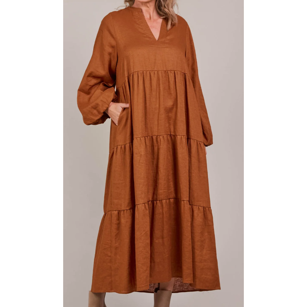 Laax Maxi Dress- Hazel

From a wine tasting with the girls to a romantic dinner date, the Laax Maxi Dress adds a touch of effortless elegance to any event. The dress flows gracefully with a flattering V-neck and dramatic bishop sleeves, creating a stunning silhouette. A self-fabric tie cinches the waist, accentuating your shape. Complete your look with heels or boots, eye-catching accessories, and a chic clutch.
