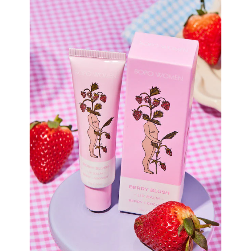Lip Balm.

A gorgeous strawberry and coconut flavoured lip balm (think strawberry mojitos) with a clear texture that leaves a lovely glossy shine. When it comes to lip care,&nbsp;hydration and barrier protection are the key. The&nbsp;Berry Blush&nbsp;Lip Balm&nbsp;is packed with natural ingredients to provide long-lasting nourishment&nbsp;that&nbsp;soothes, softens and conditions while locking in moisture. Housed in a luxe aluminium coated tube, you'll never want to leave home again without your Berry Blush