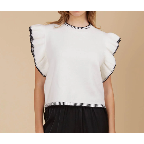 Athena Frill Knit Top

Just add jeans, and you're good to go! The Athena Frill Knit Top steals the spotlight with its dramatic frill sleeves and eye-catching contrast binding. Designed with a slightly cropped length, it's the perfect match for high-waisted bottoms, adding a stylish edge to your outfit. Crafted from a cosy wool and recycled blend, this knit top is a must-have for your transeasonal wardrobe. Trust us—you'll want one in every colour!